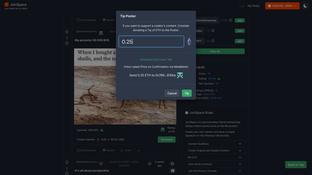 Web 3 Social Media Dapp - Tip Eth JoinSpace